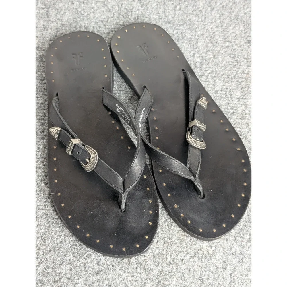 Frye Boots Women's Leather Thong Flip Flop Black Sandals Western Buckle Size 6 M